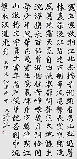 杜春富书 毛泽东词  《沁园春 长沙》  138cmx69cm